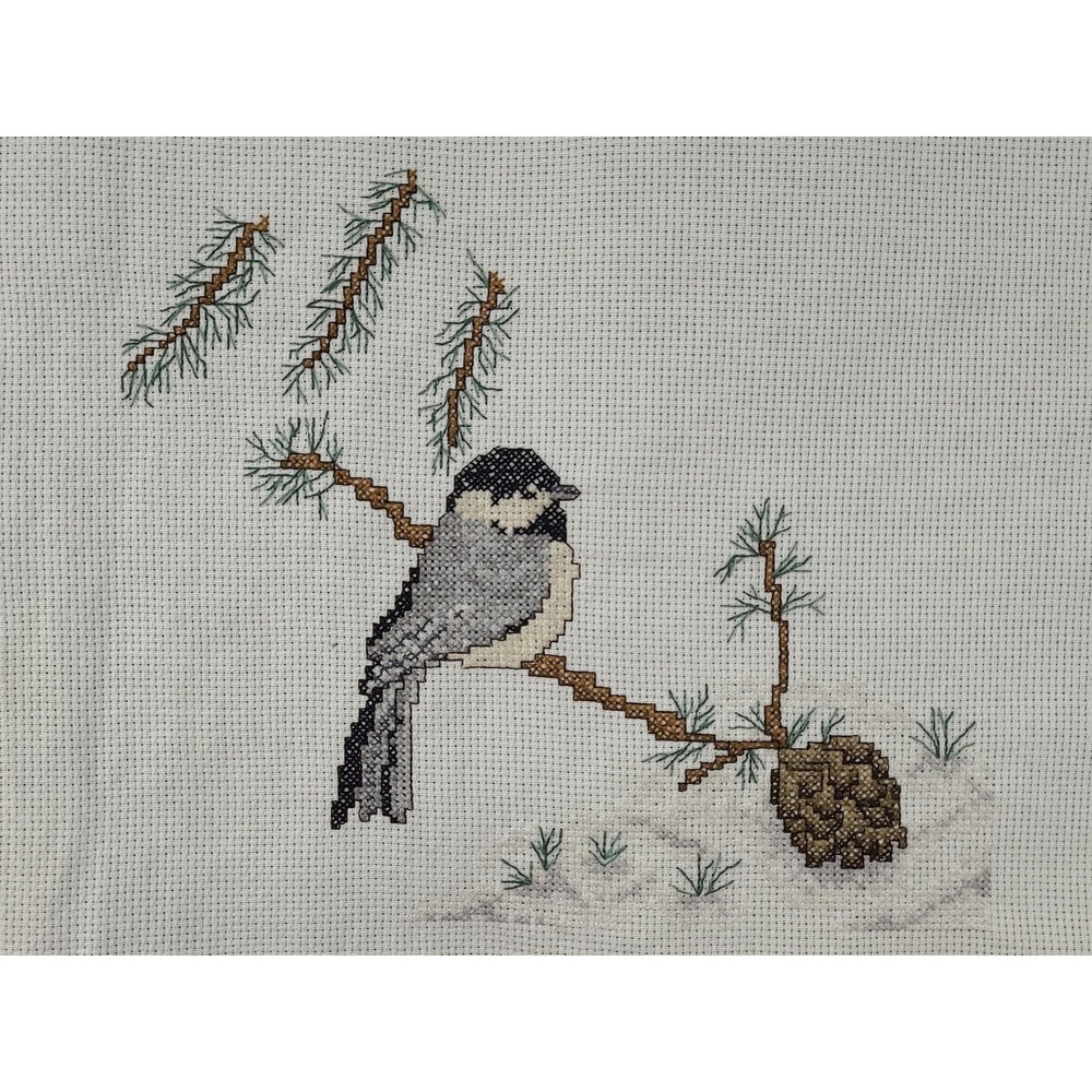 Handmade Cross Stitch Chickadee Winter Scene Needlepoint Art Decor Completed